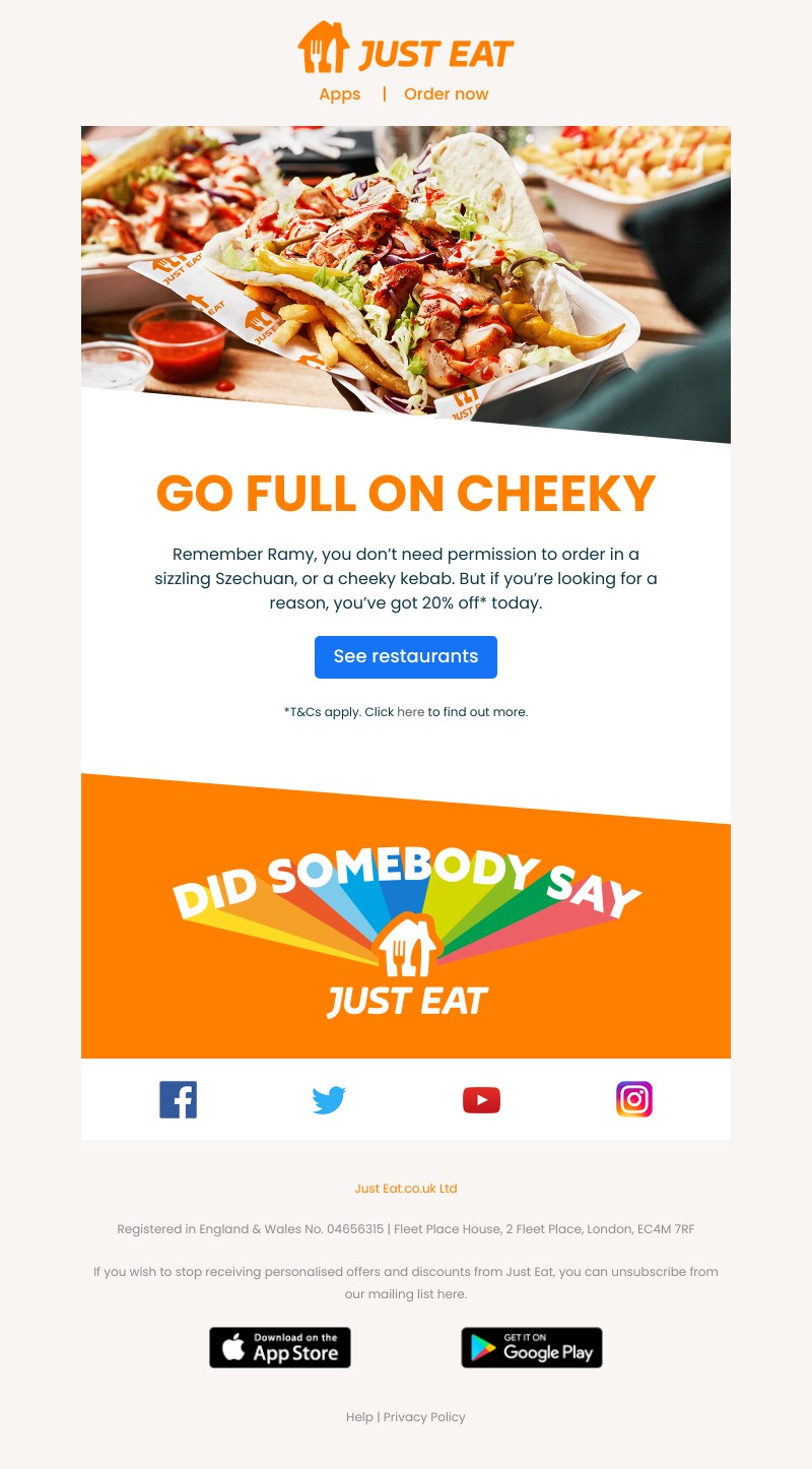 Just Eat - Ramy, be cheeky with 20% off 🙊