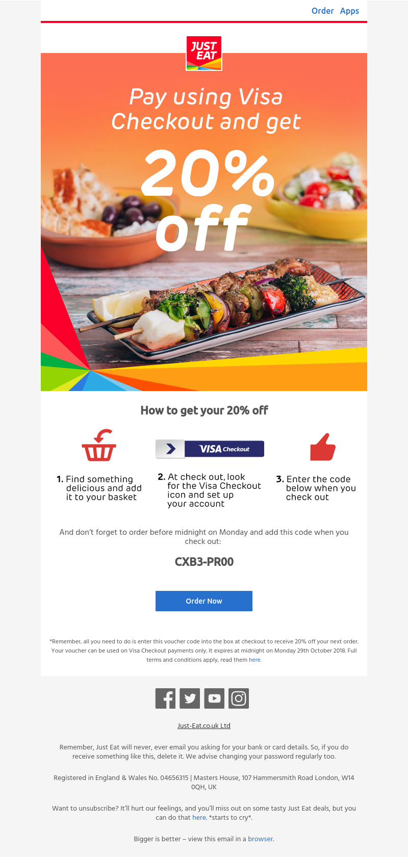 Just Eat - Ramy, Visa Checkout  have a 20% voucher for you