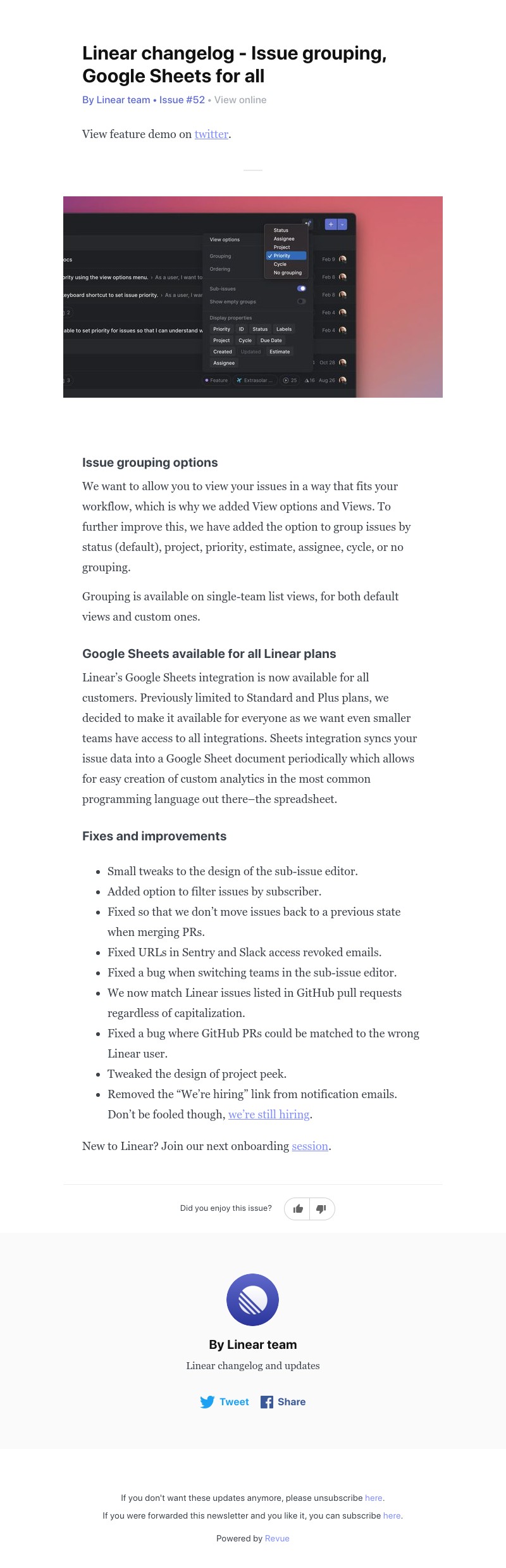 Linear - Linear changelog - Issue grouping, Google Sheets for all