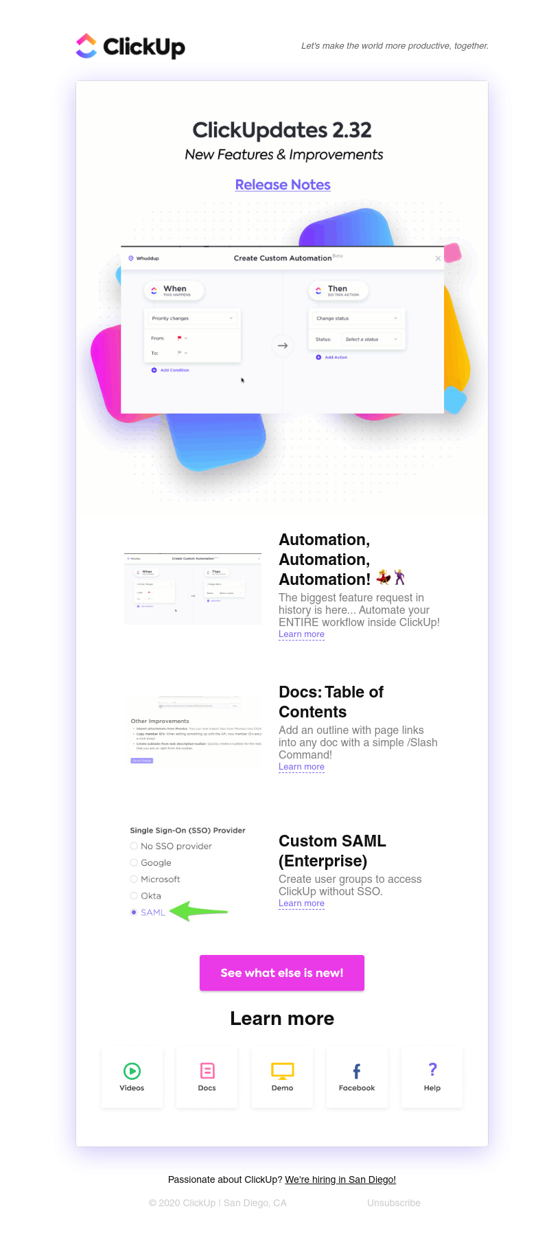 ClickUp - ClickUpdates 2.32 🤖AUTOMATIONS 🤖, Doc Table of Contents, Custom SAML, and more!
