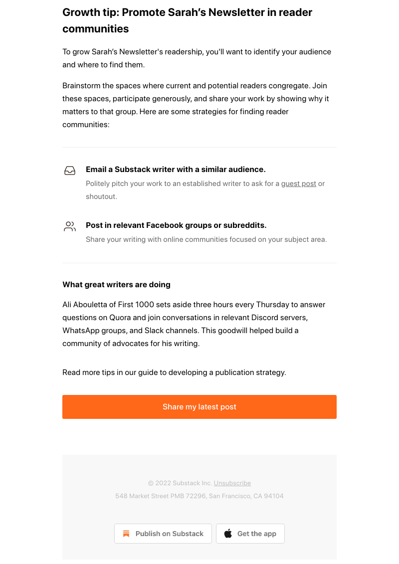 Substack - Growth tip: Promote in reader communities