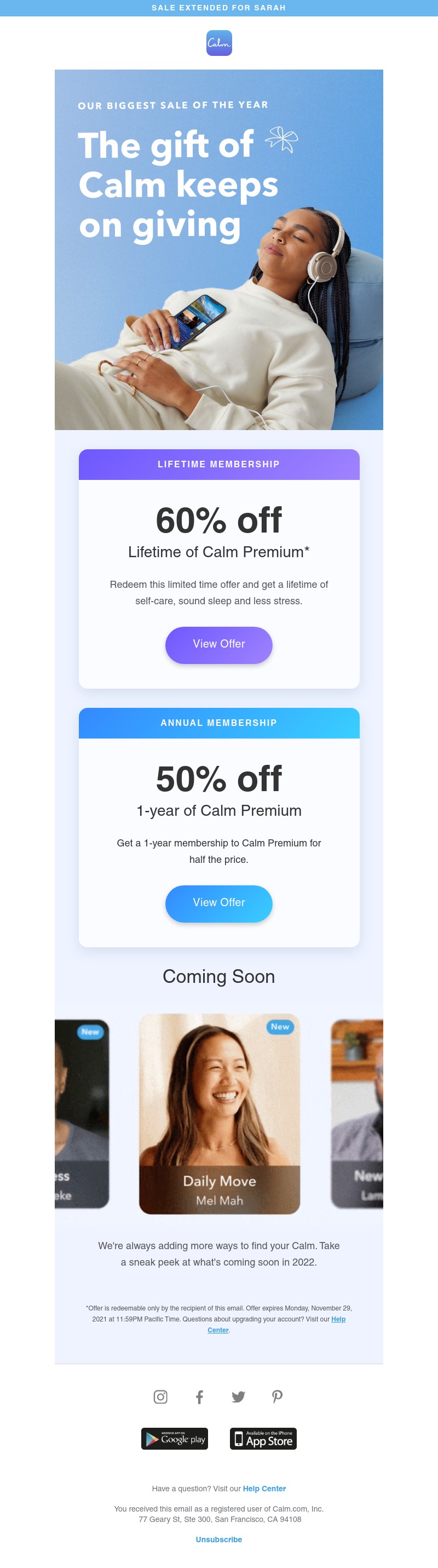 Calm - Sale extended for Sarah! Last chance to redeem.