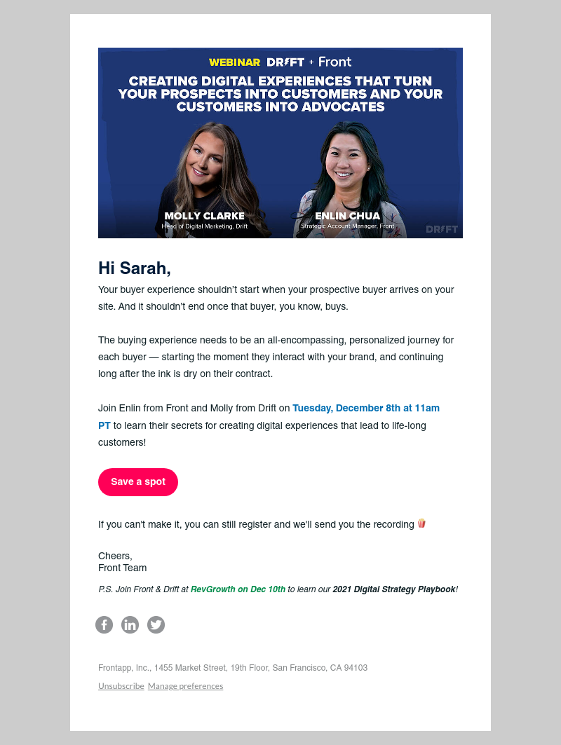 Front - Webinar: Front & Drift | Turn your prospects into customers and your customers into advocates