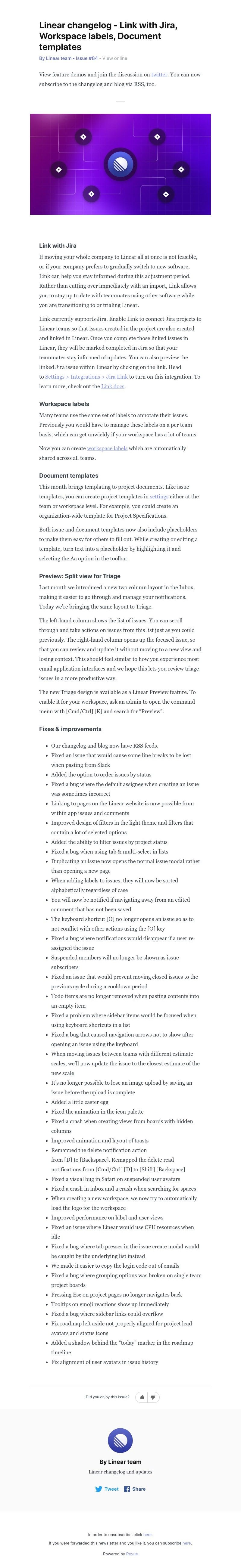 Linear - Linear changelog - Link with Jira, Workspace labels, Document templates