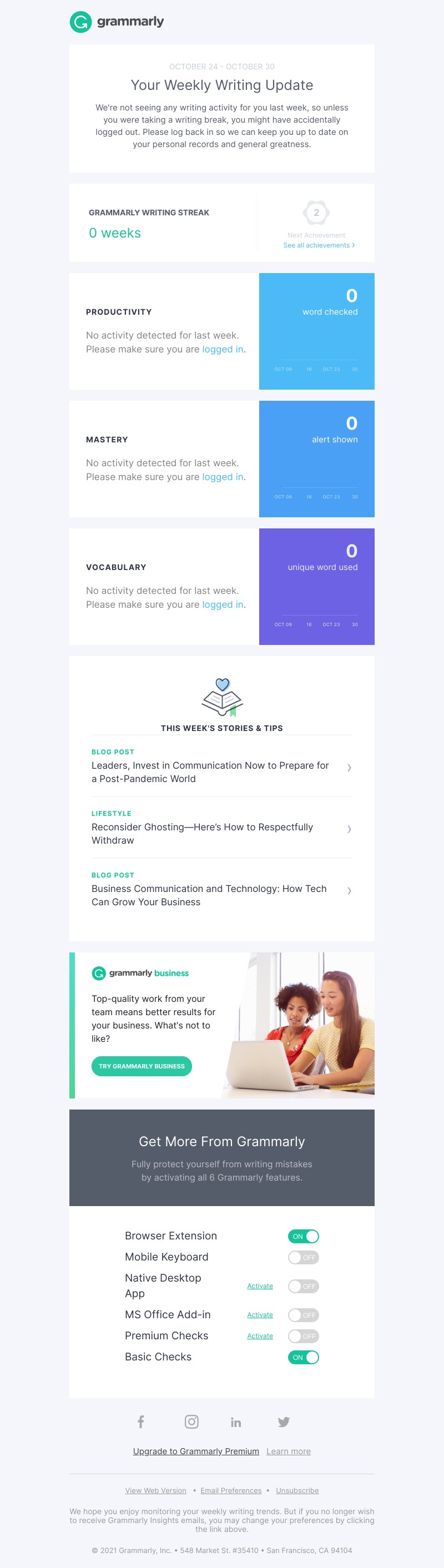 Grammarly - We want to send you stellar stats and awesome achievements!