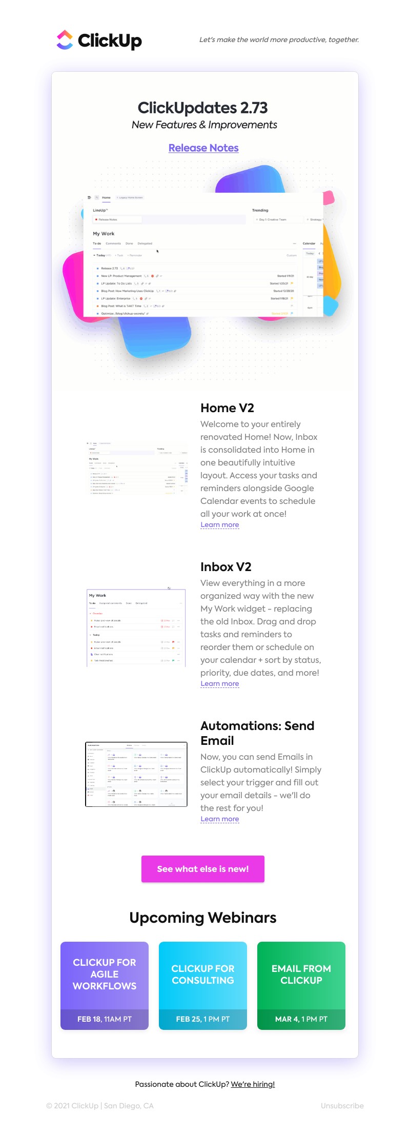 ClickUp - [NEW] Home V2, Inbox V2, Automations: Send Email