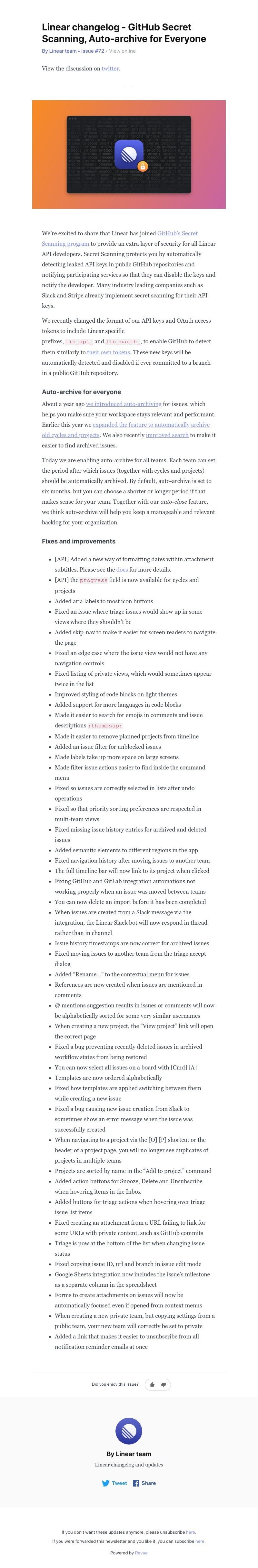 Linear - Linear changelog - GitHub Secret Scanning, Auto-archive for Everyone