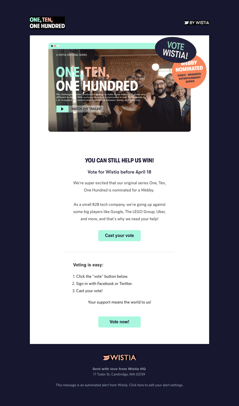 Wistia - Voting ends soon! You've got the power to help us win a Webby Award 🏆