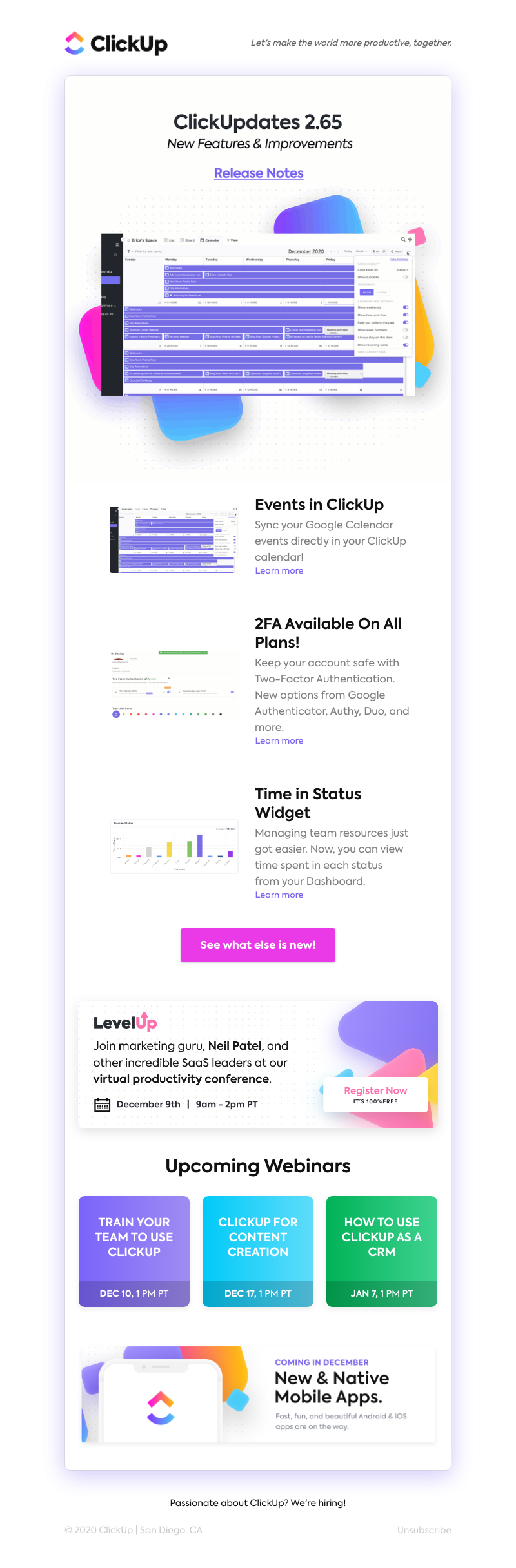 ClickUp - Events in ClickUp, 2FA On All Plans, Time in Status Widget, & more!