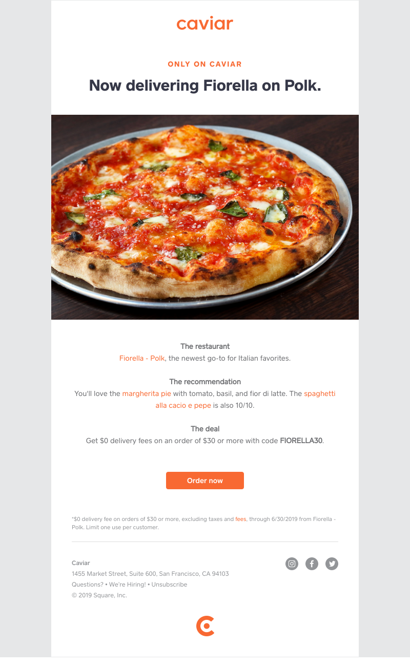  - Fiorella on Polk is now only on Caviar (with $0 delivery fees)