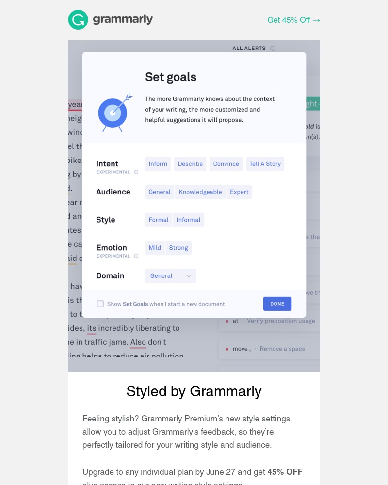 Grammarly - 45% Off Continues in Celebration of Customized Style Feedback