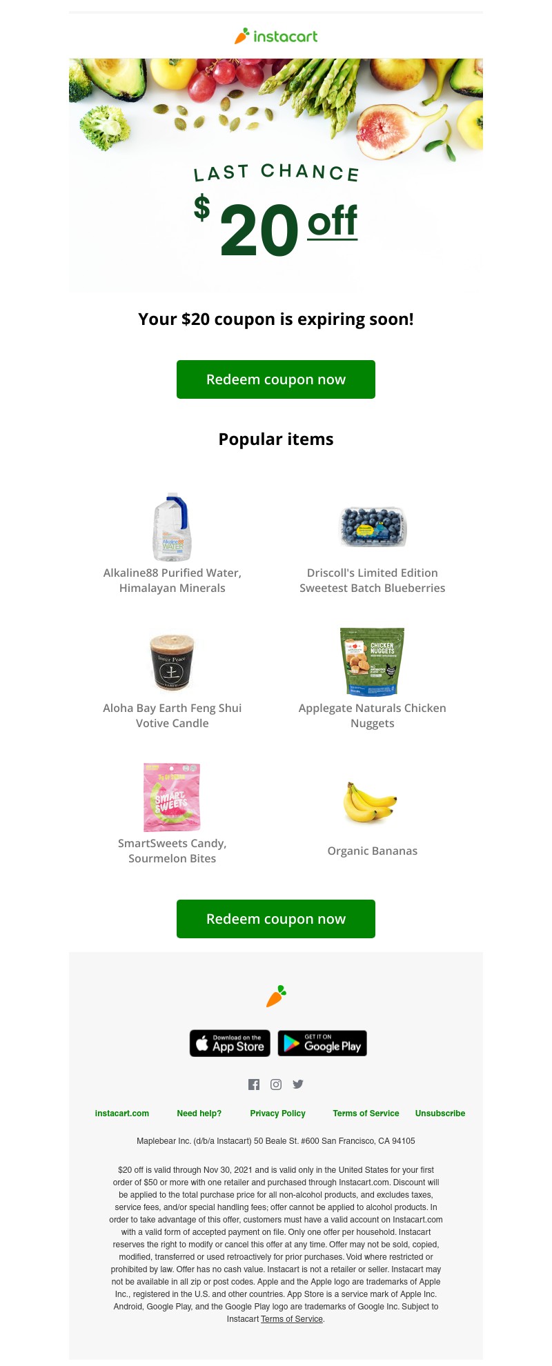 Instacart - 💵 Expiring soon! Claim your $20 coupon!