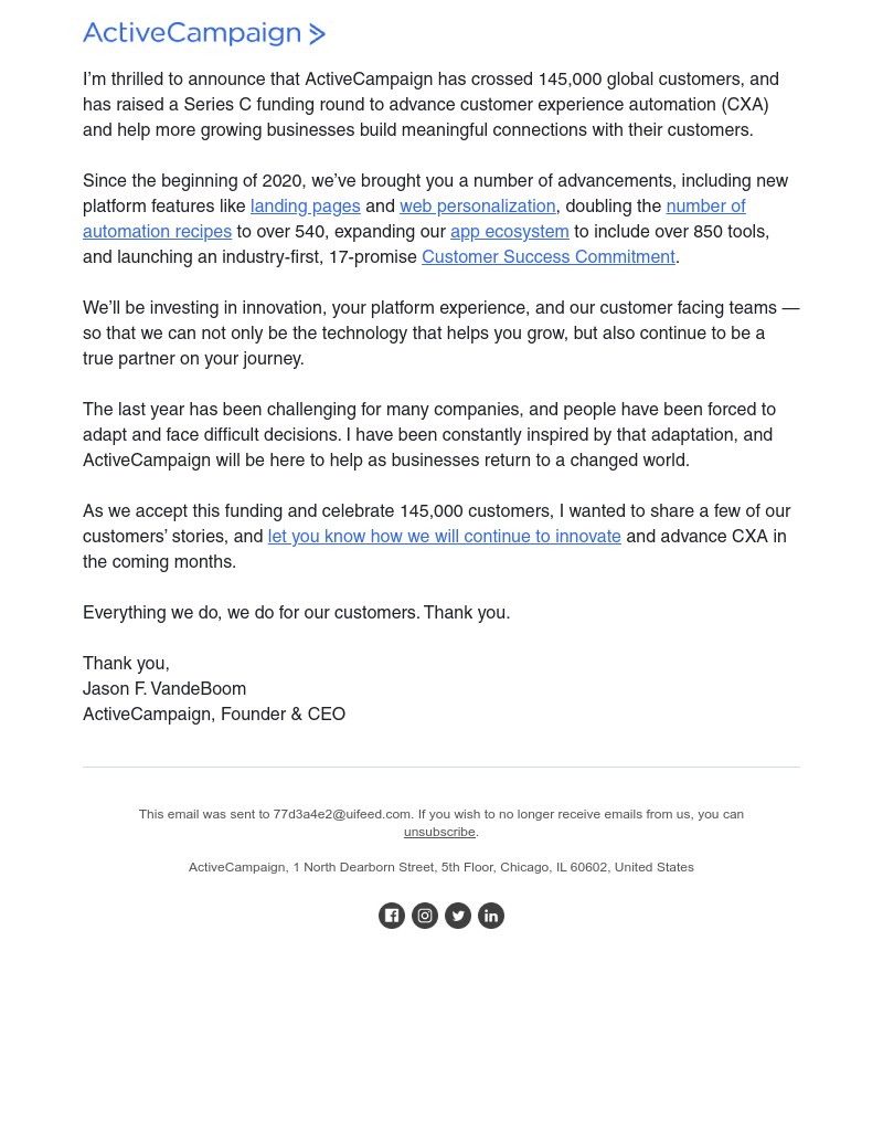  - Welcoming 145,000 customers to ActiveCampaign