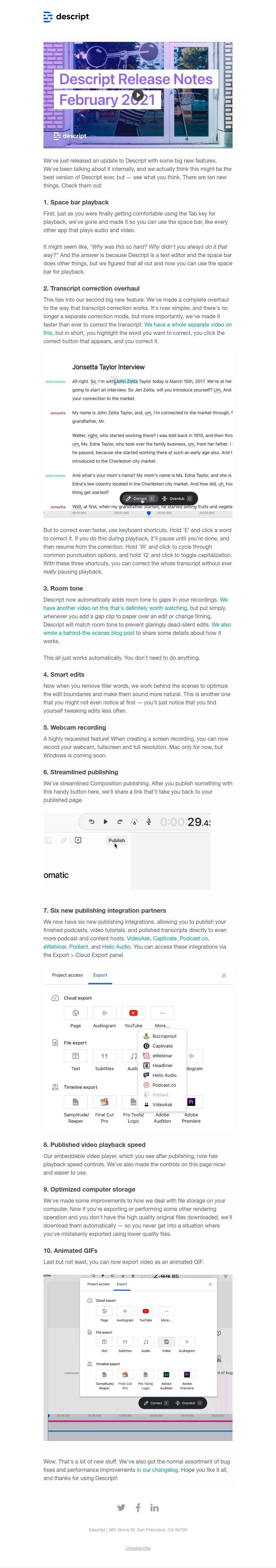Descript - New in Descript: Transcript correction overhaul, room tone, webcam recording, and more