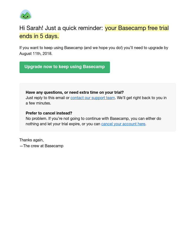 Basecamp - Don’t let your Basecamp trial expire (UI Feed)