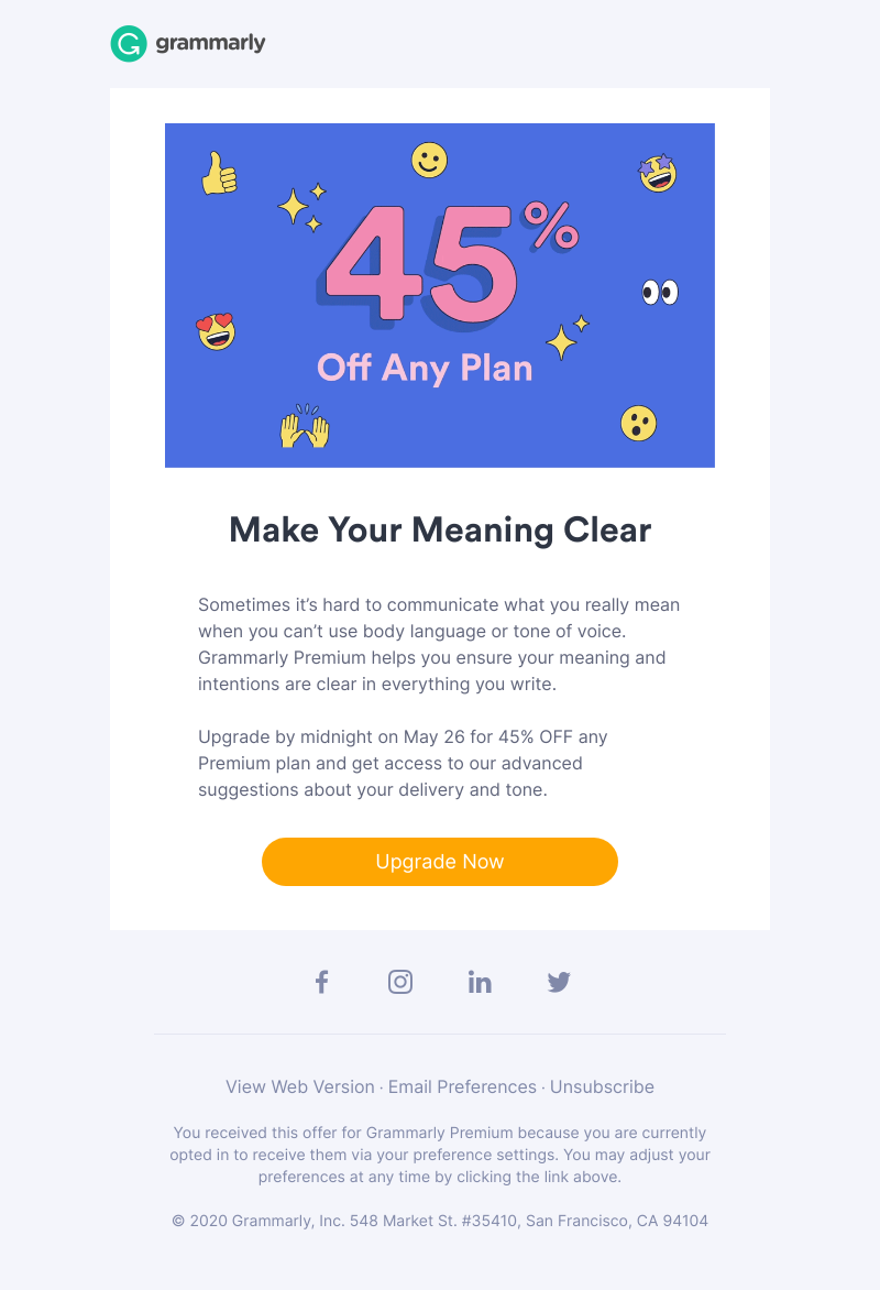 Grammarly - Working or learning remotely? Upgrade by Midnight on May 26 to get 45% OFF Premium!