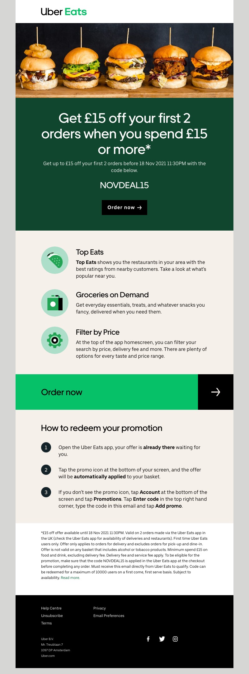 Uber Eats - Get  £15 off  your first 2 orders