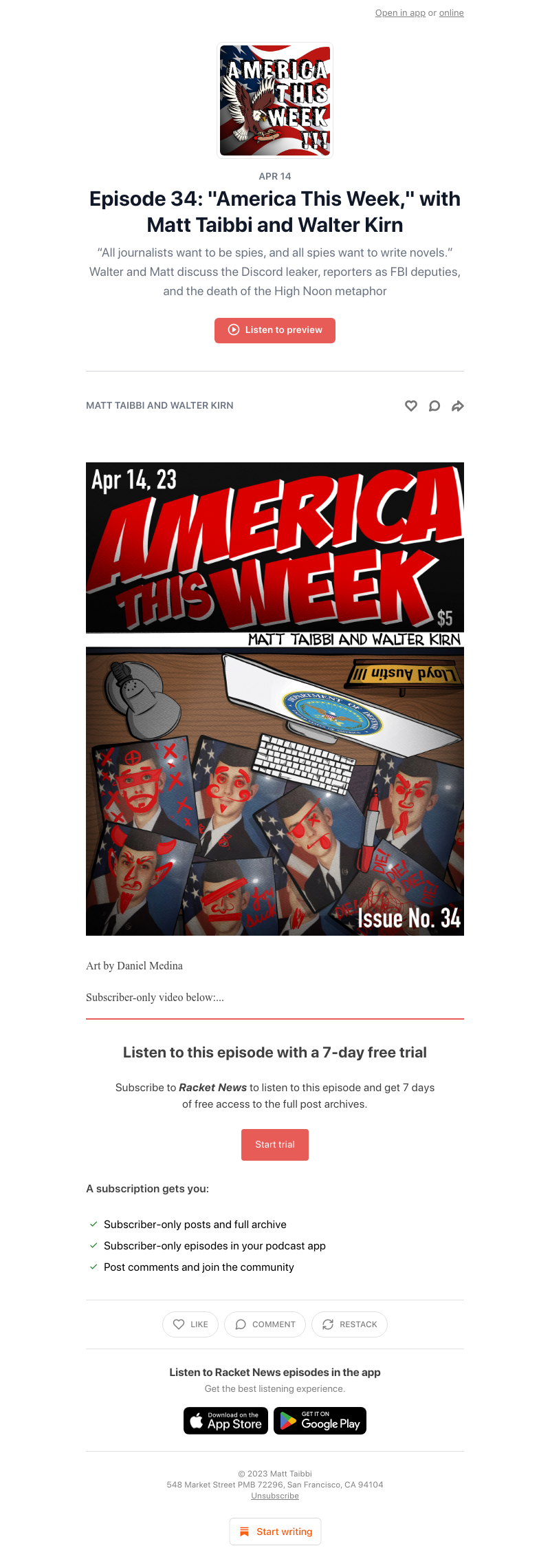 Substack - Episode 34: "America This Week," with Matt Taibbi and Walter Kirn