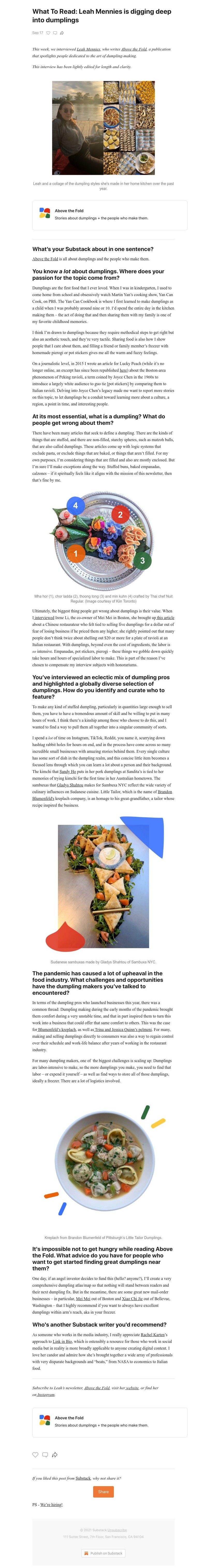 Substack - What To Read: Leah Mennies is digging deep into dumplings