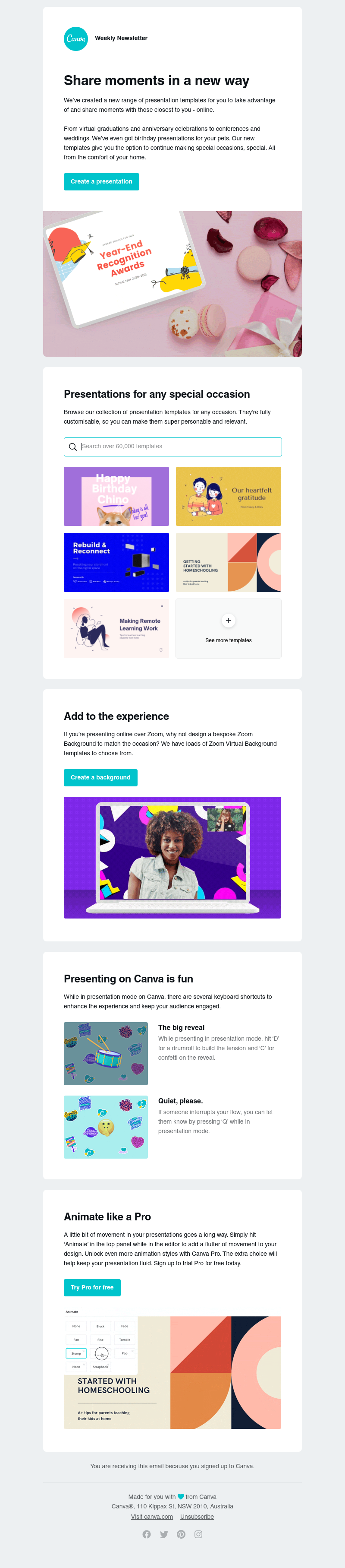 Canva - Celebrate milestones and hold events online with these presentations