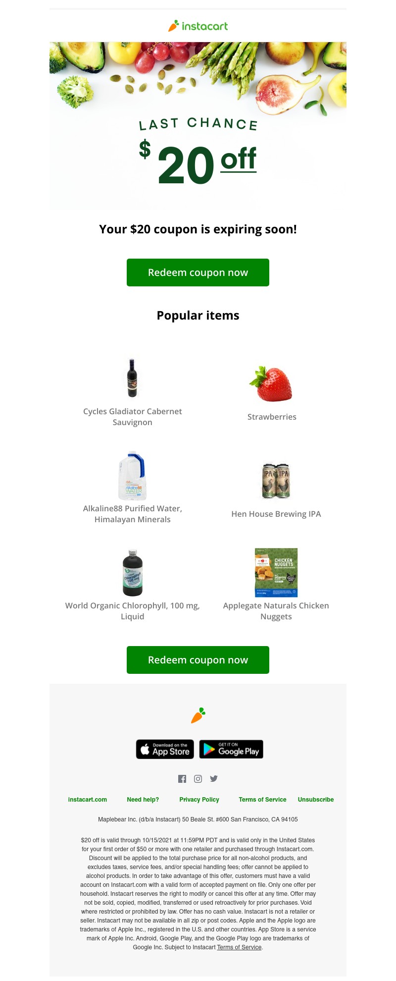 Instacart - 💵 Expiring soon! Claim your $20 coupon!