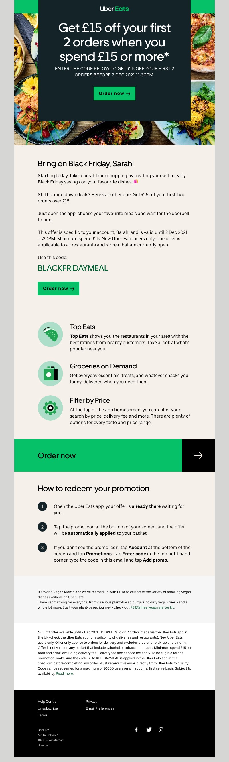 Uber Eats - Get  £15 off  your first 2 orders