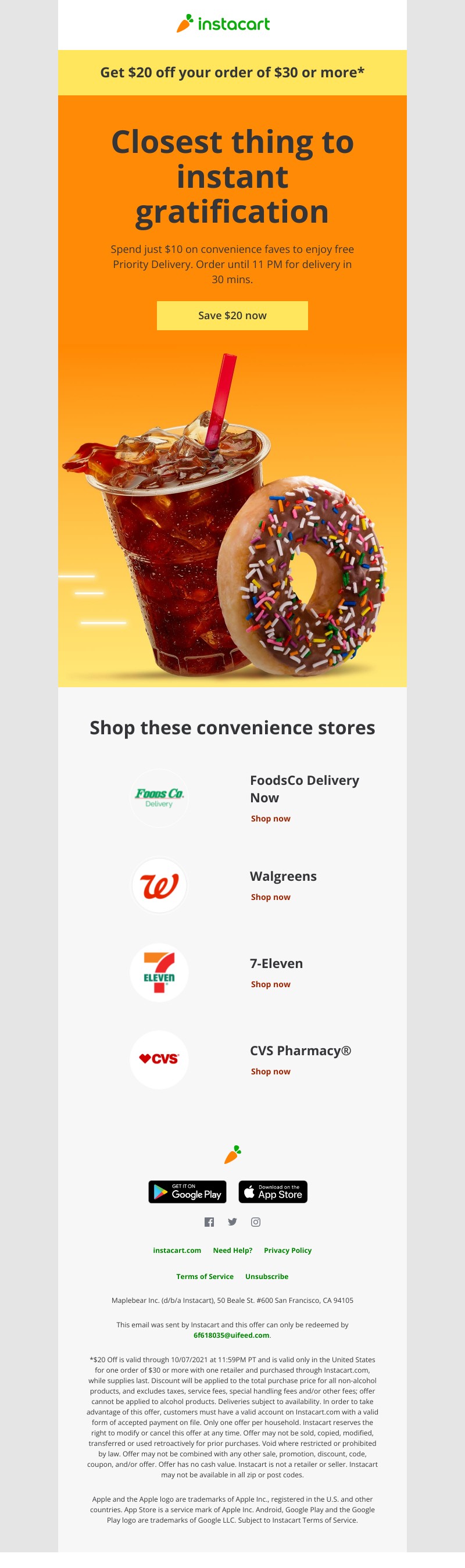 Instacart - Enjoy a $10 minimum on convenience faves + save $20