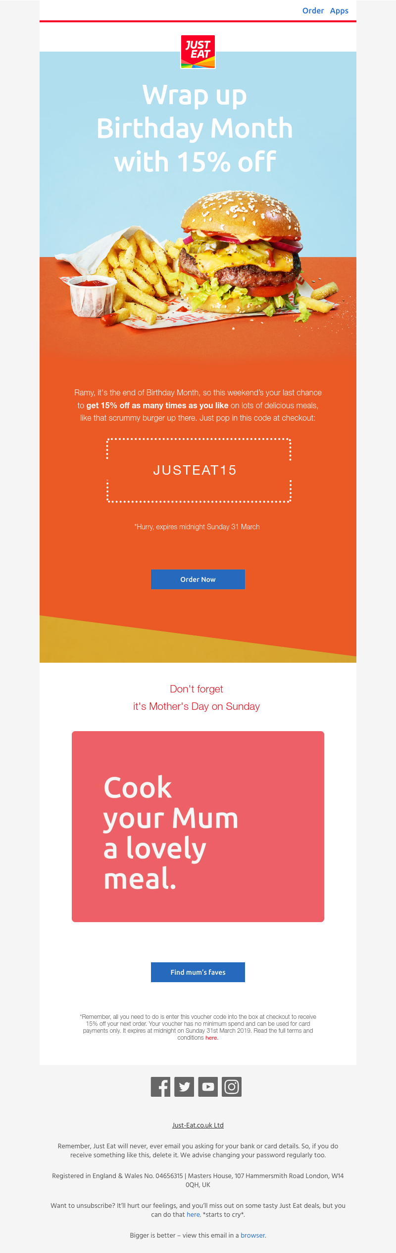 Just Eat - Your last 15% off birthday weekender