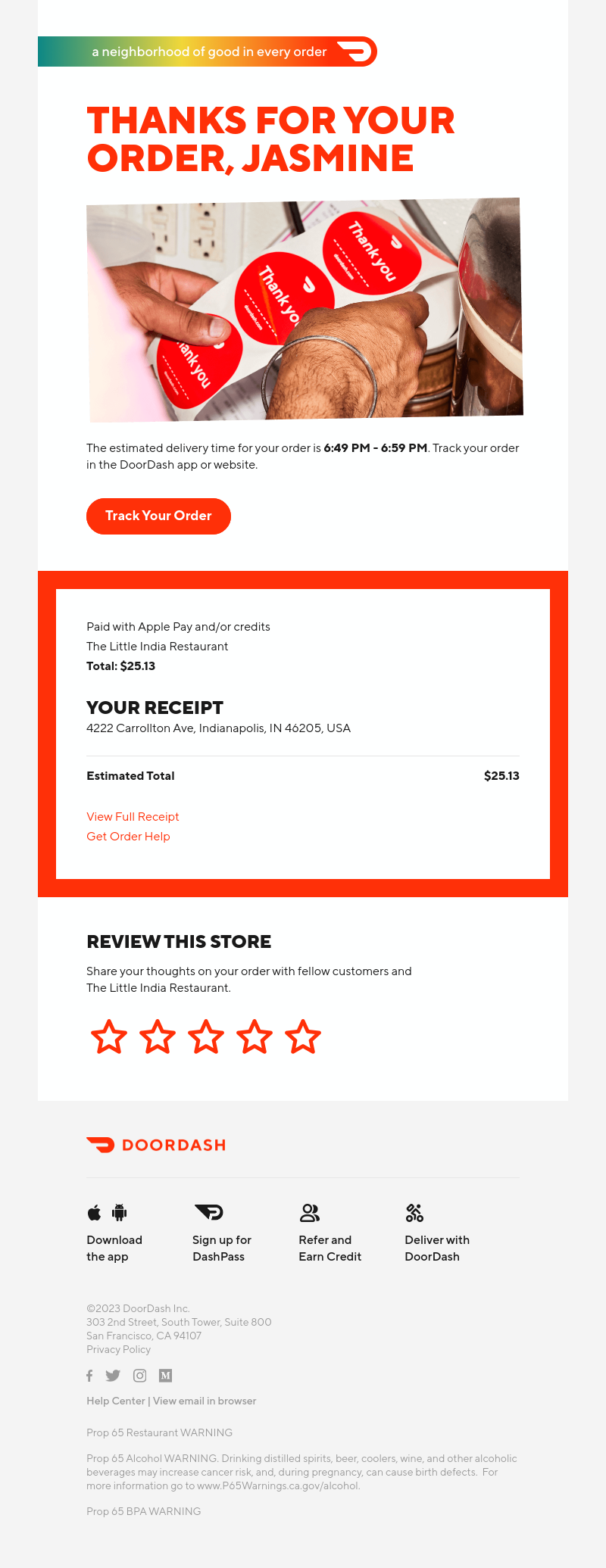  - Order Confirmation for Jasmine from The Little India Restaurant