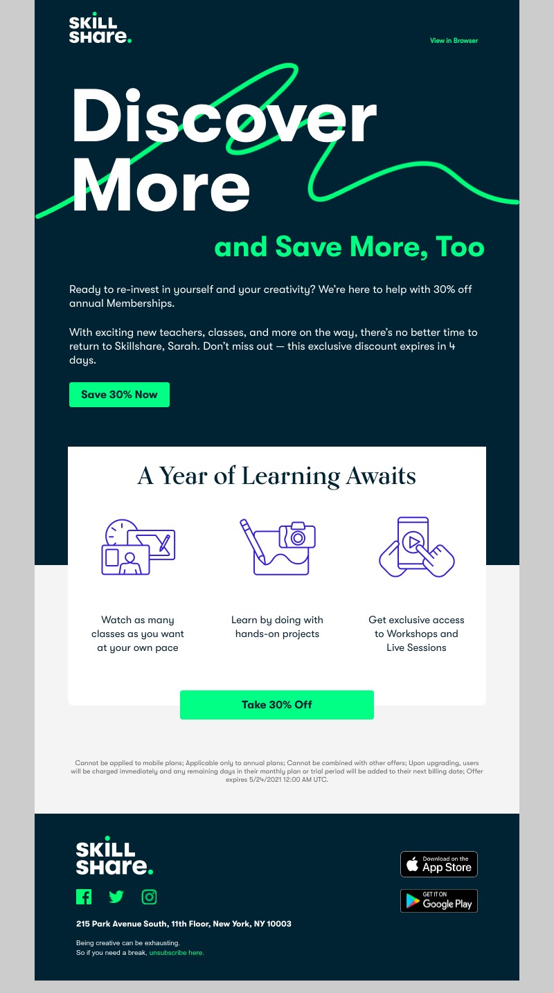 Skillshare - Sarah, Come Back and Get 30% Off