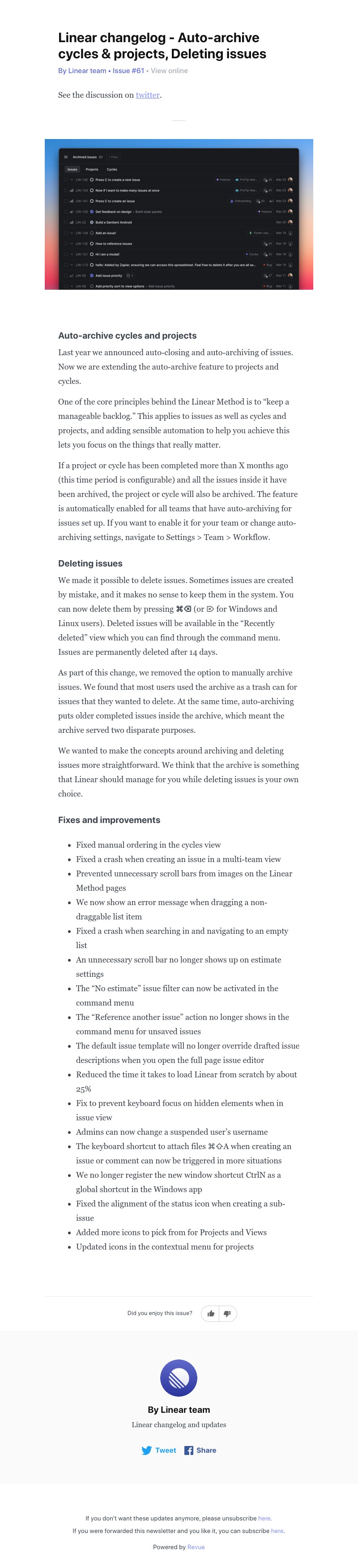 Linear - Linear changelog - Auto-archive cycles & projects, Deleting issues