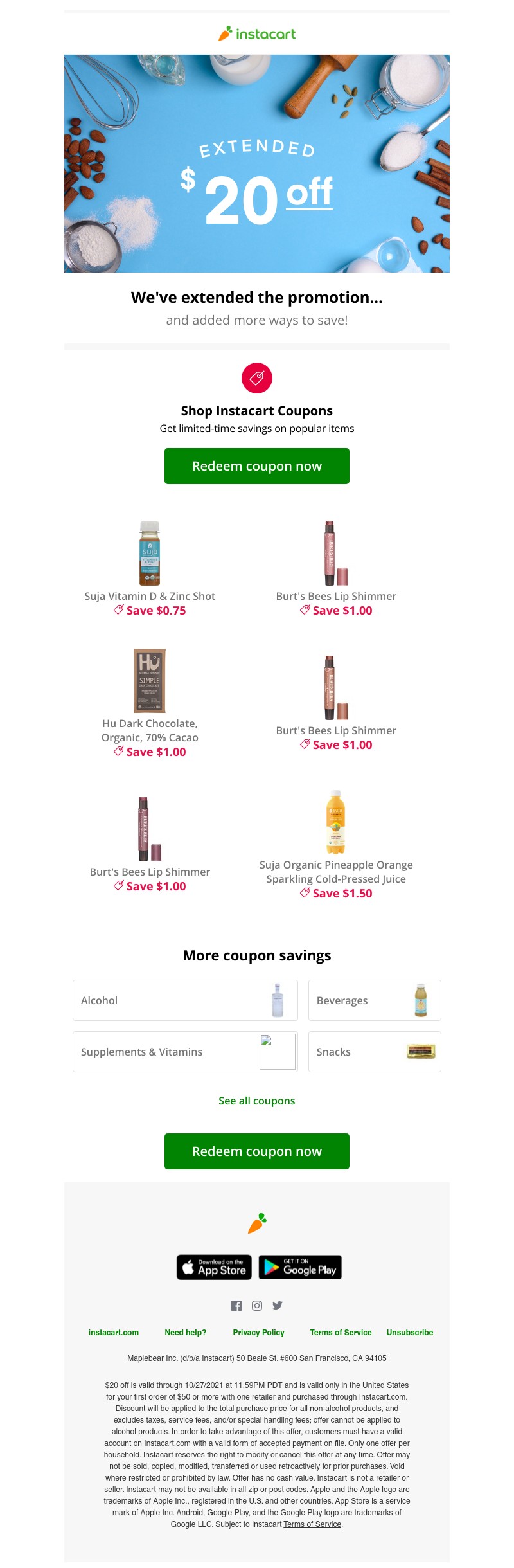 Instacart - 🎉 Extended for you: $20 off your first order
