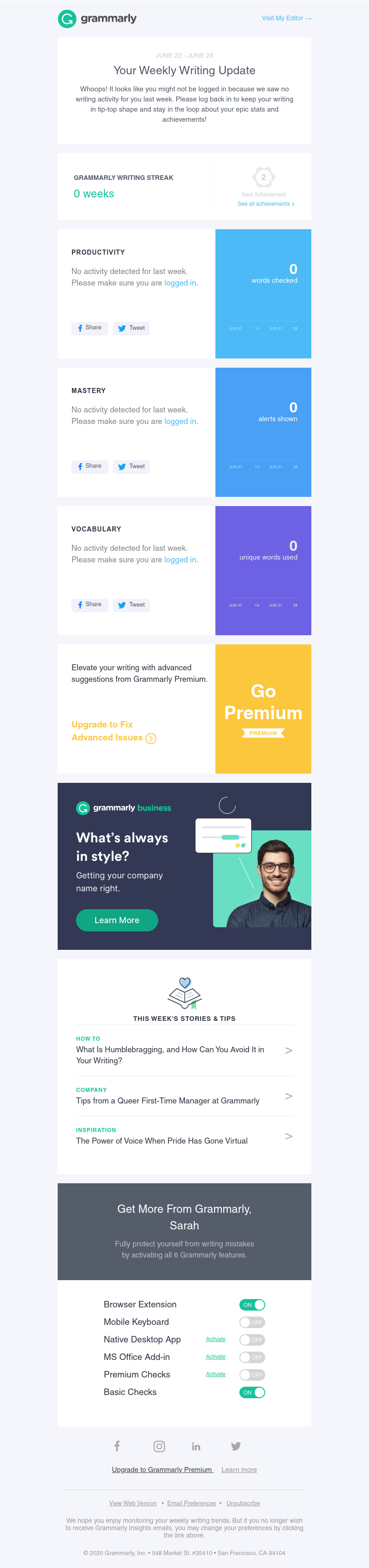 Grammarly - Keep writing to see your super stats.