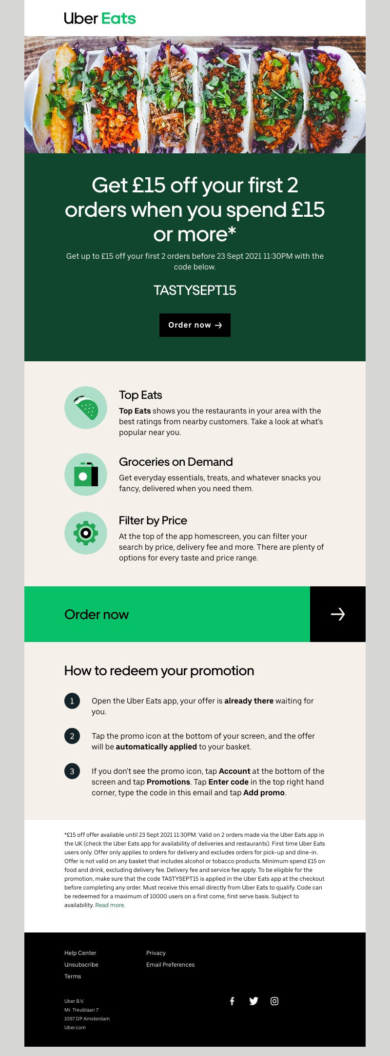 Uber Eats - Get  £15 off  your first 2 orders