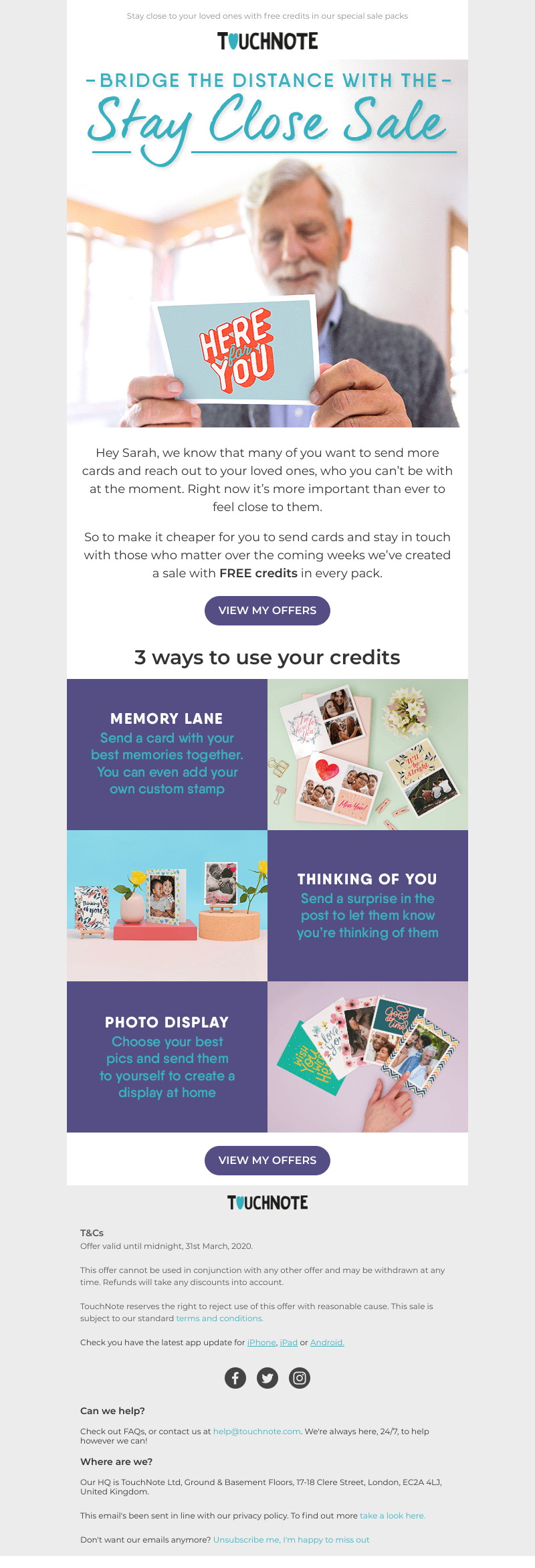 TouchNote - Get free credits in the Stay Close Sale, Sarah 🤗