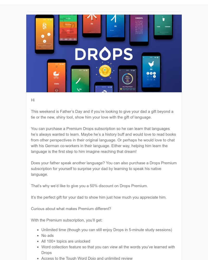 Drops - 50% Drops Premium to celebrate Father's Day