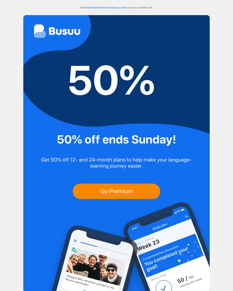 Busuu - ⏱️ 50% off ends at midnight ⏱️ Still want to make a change in your life?     