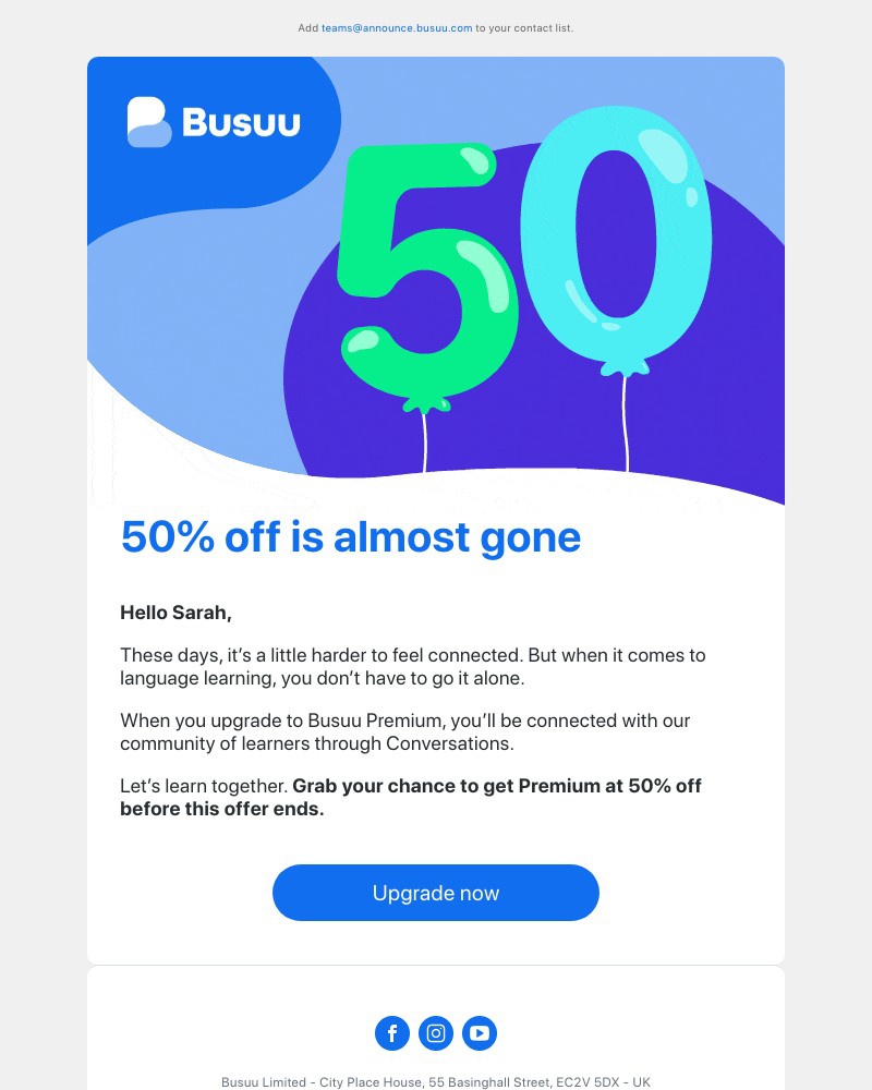 Busuu - 50% off is no more as of tonight ⏱️ Say yes to 50% off Premium before it’s too late 