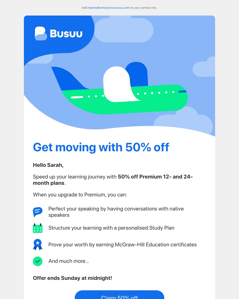 Busuu - 50% off Premium means you can fly towards fluency ✈️     