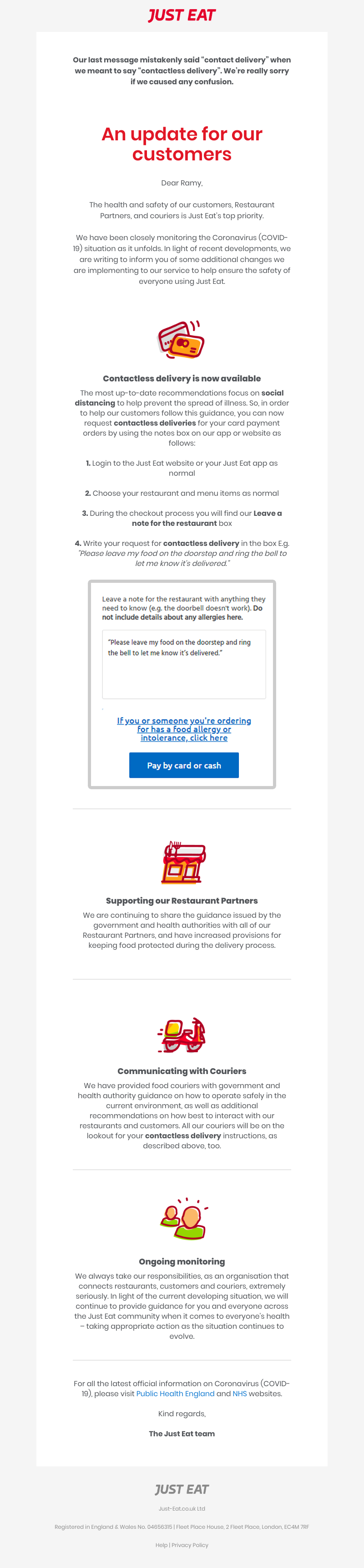 Just Eat - Coronavirus: an important update for our customers - CORRECTION