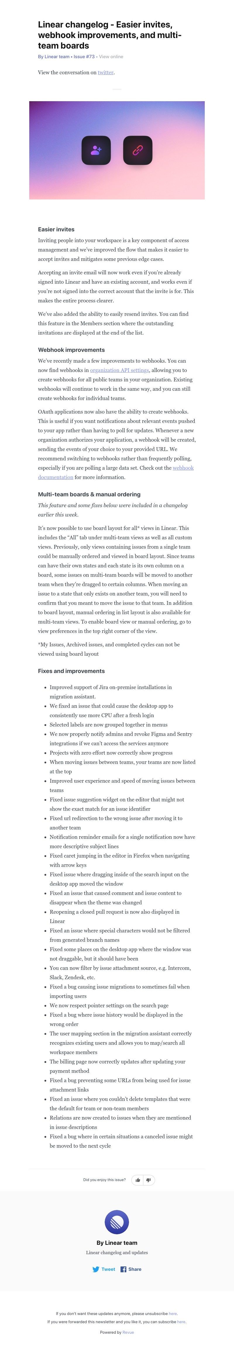Linear - Linear changelog - Easier invites, webhook improvements, and multi-team boards