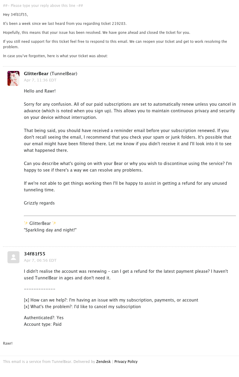  - We haven't heard you roar - Ticket 219283 - [TB] I didn't realise the account was renewing -