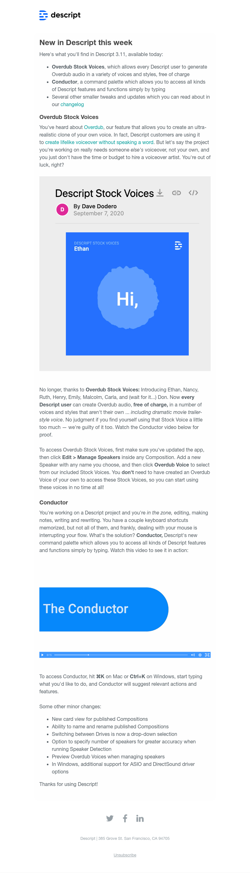 Descript - New in Descript 3.11: Overdub Stock Voices, our own command palette, and more