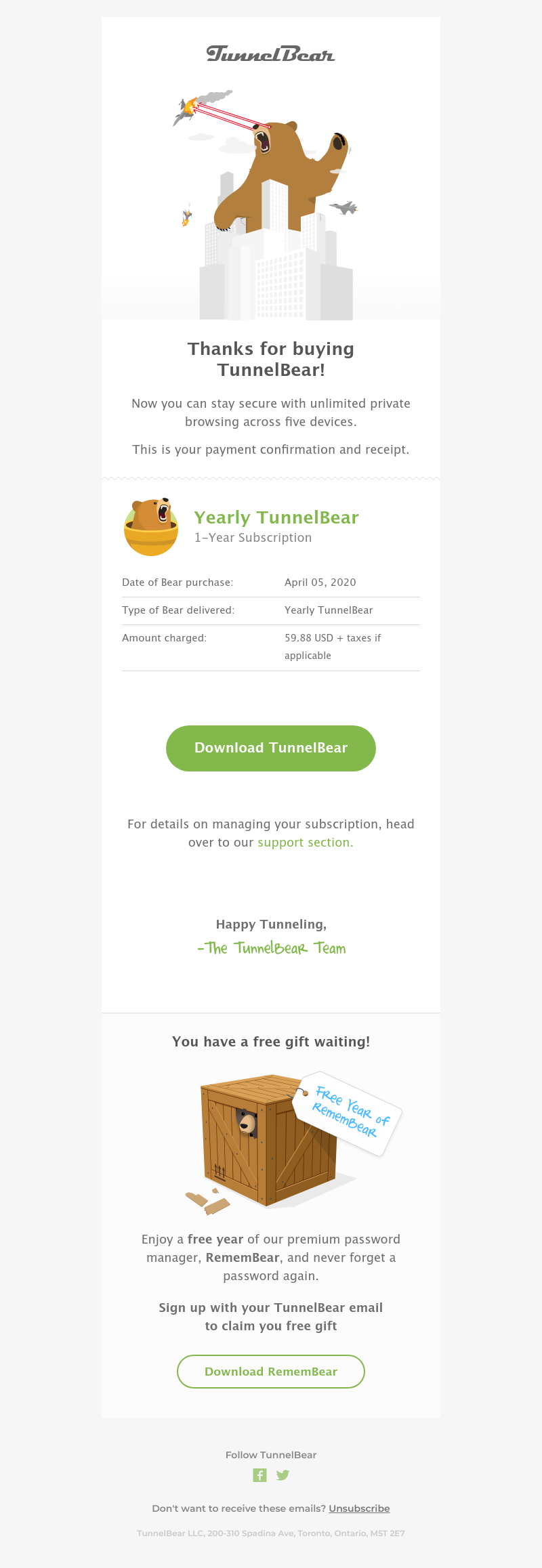  - Thanks for buying a TunnelBear subscription!