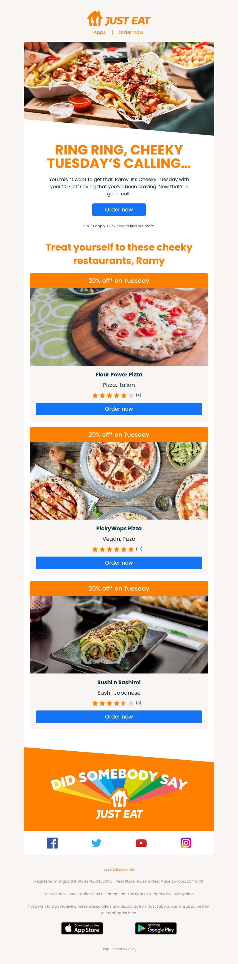 Just Eat -  Ramy, 20% off is calling. Answer the phone ☎️😉 