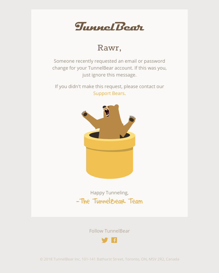  - TunnelBear - a change has been made to your account