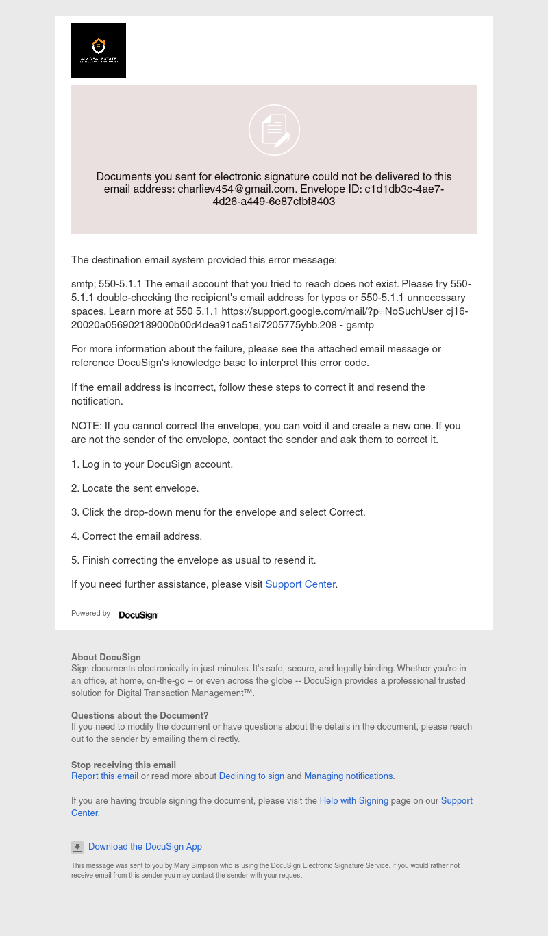  - Documents sent for signature could not be delivered