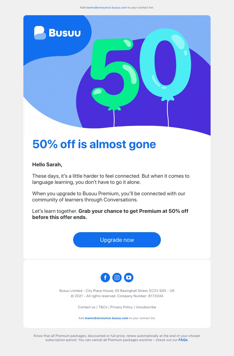 Busuu - 50% off is no more as of tonight ⏱️ Say yes to 50% off Premium before it’s too late 