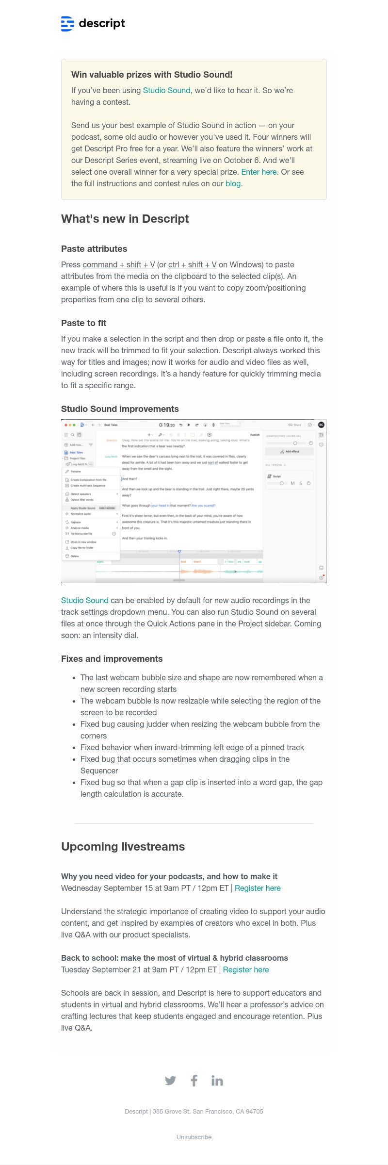 Descript - New, better clip pasting, webinars and a Studio Sound Contest