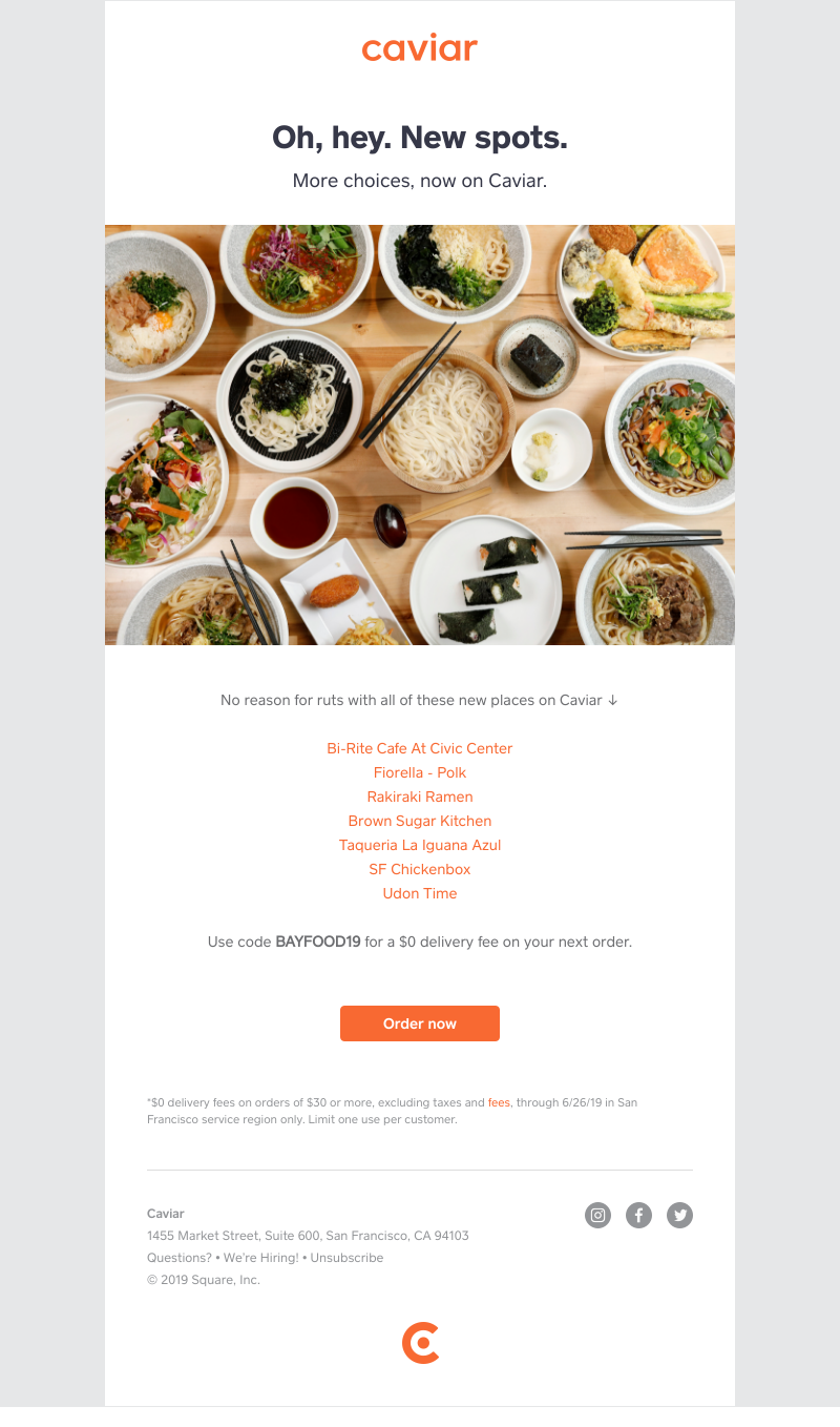  - New choices from Caviar (with $0 delivery fees)